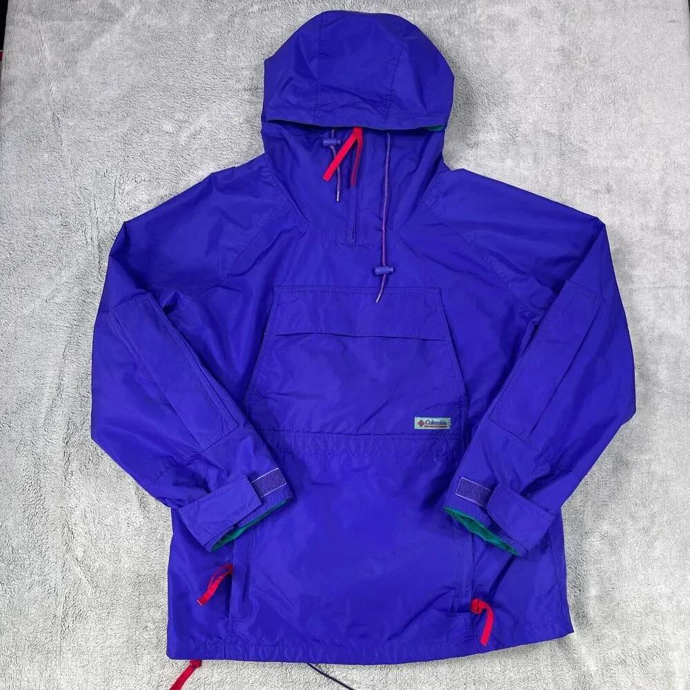 Vtg Columbia Jacket Mens Small Blue Quarter Zip Anorak Y2K Windbreaker Hooded